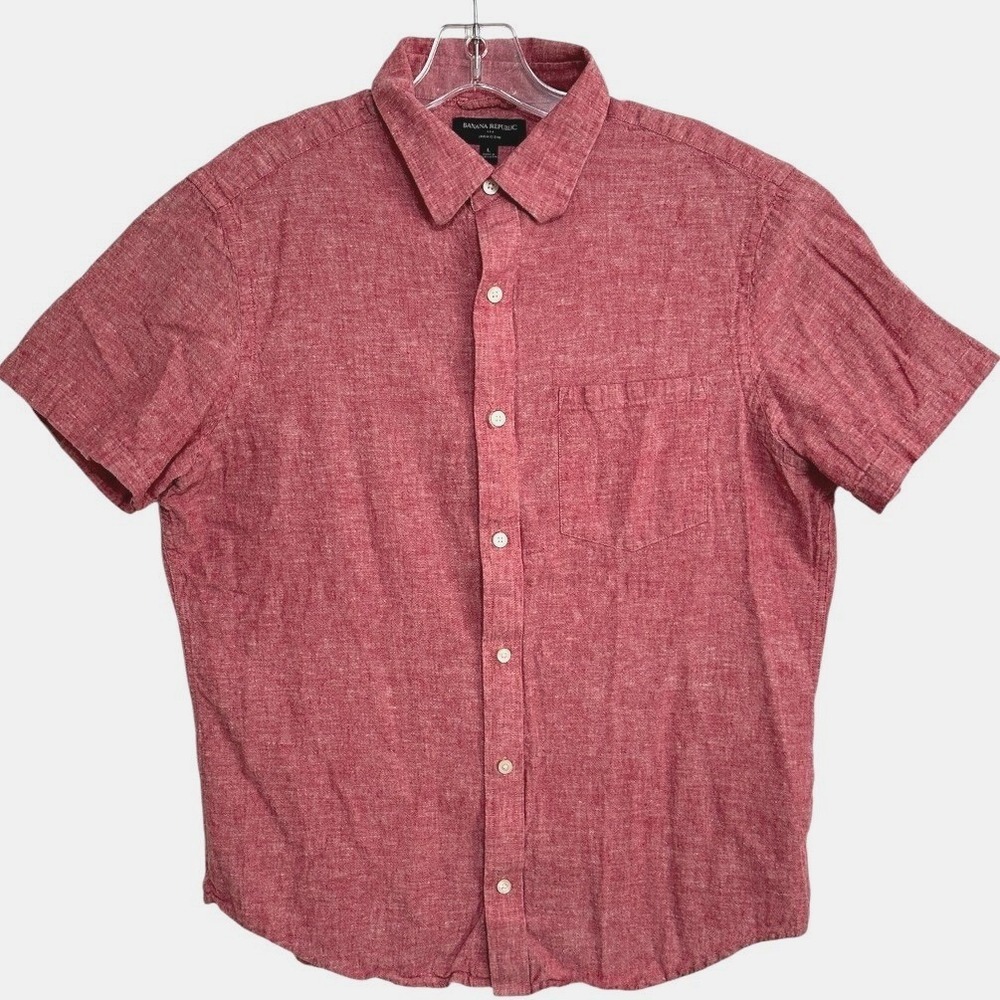 Banana Republic Linen Blend Shirt Men‎ Red Short Sleeve Button Coastal Preppy  L